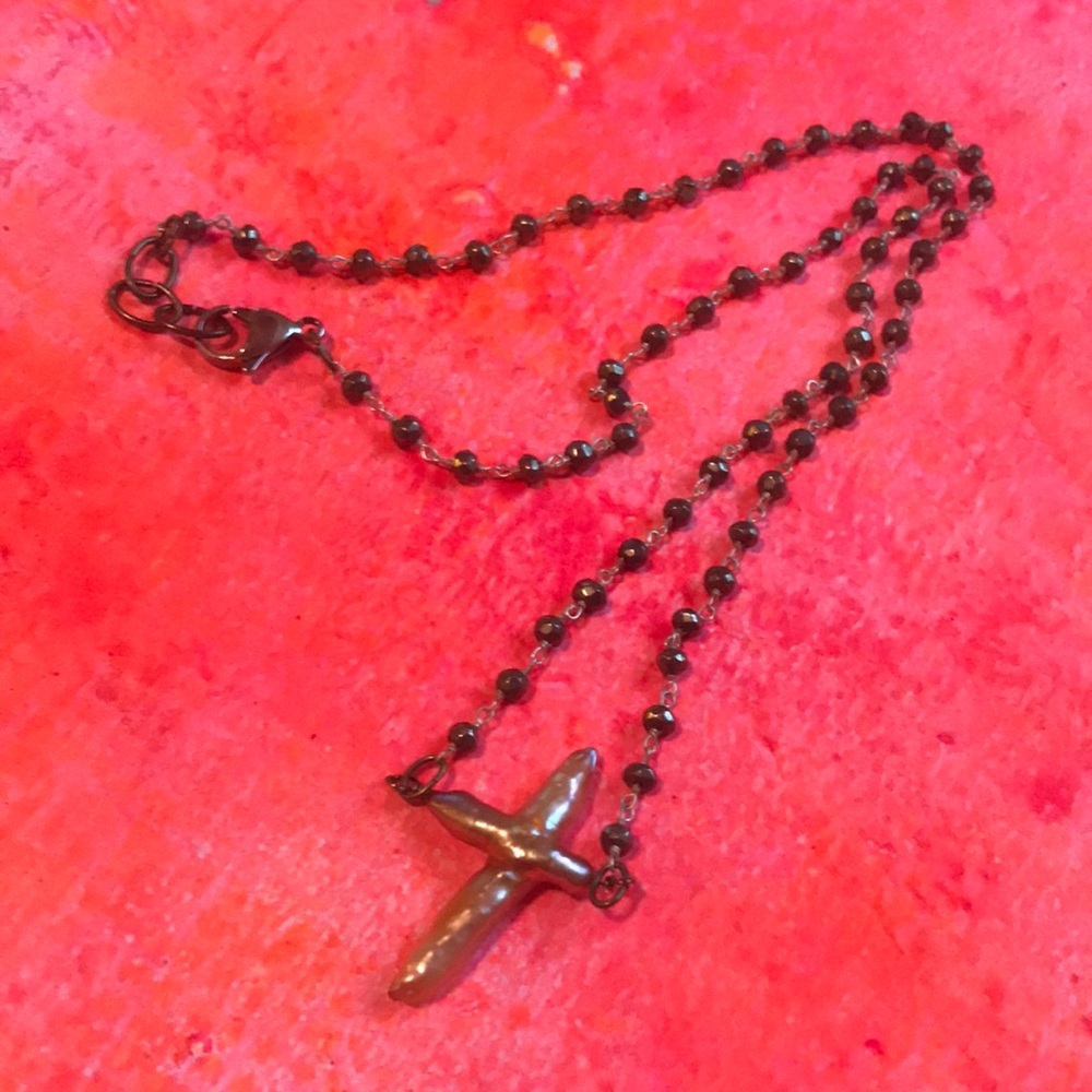 Pearl Cross necklace on Hematite Rosary chain